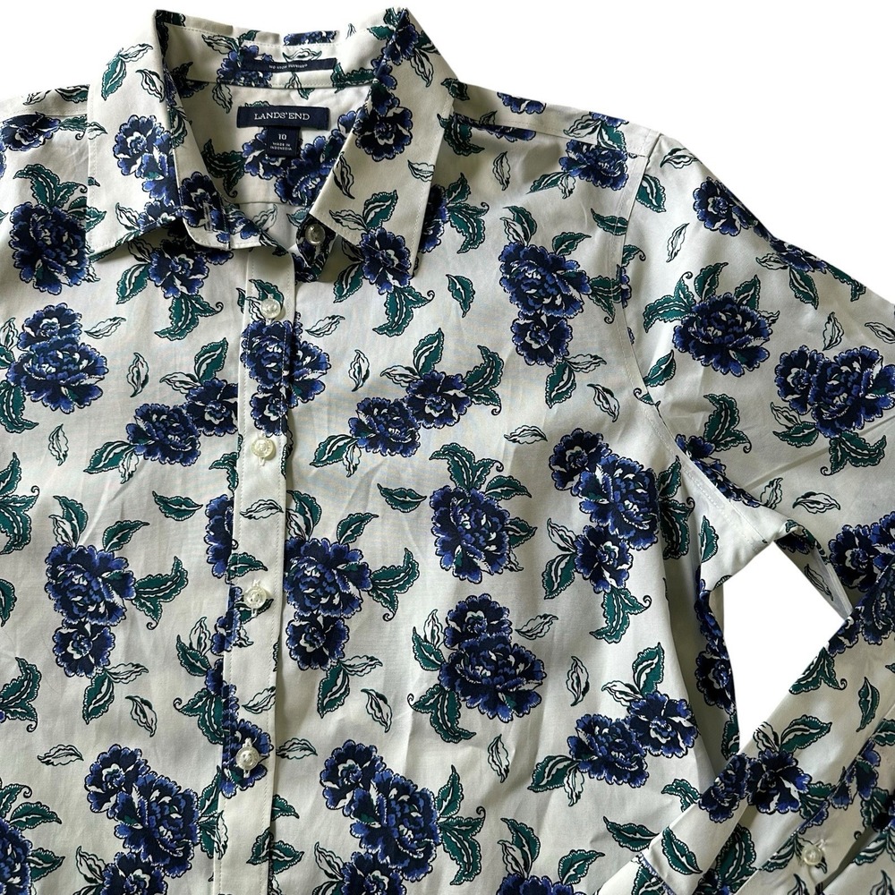 Lands End Supima Cotton Button Shirt Womens 10 Long Sleeve Blue Floral Flower